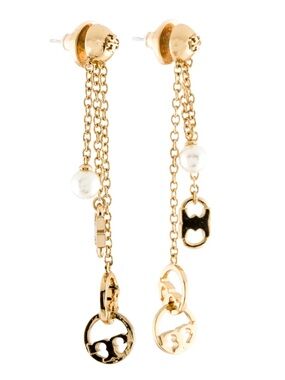 Tory Burch Pearl Multi Chain Logo Drop Earring
